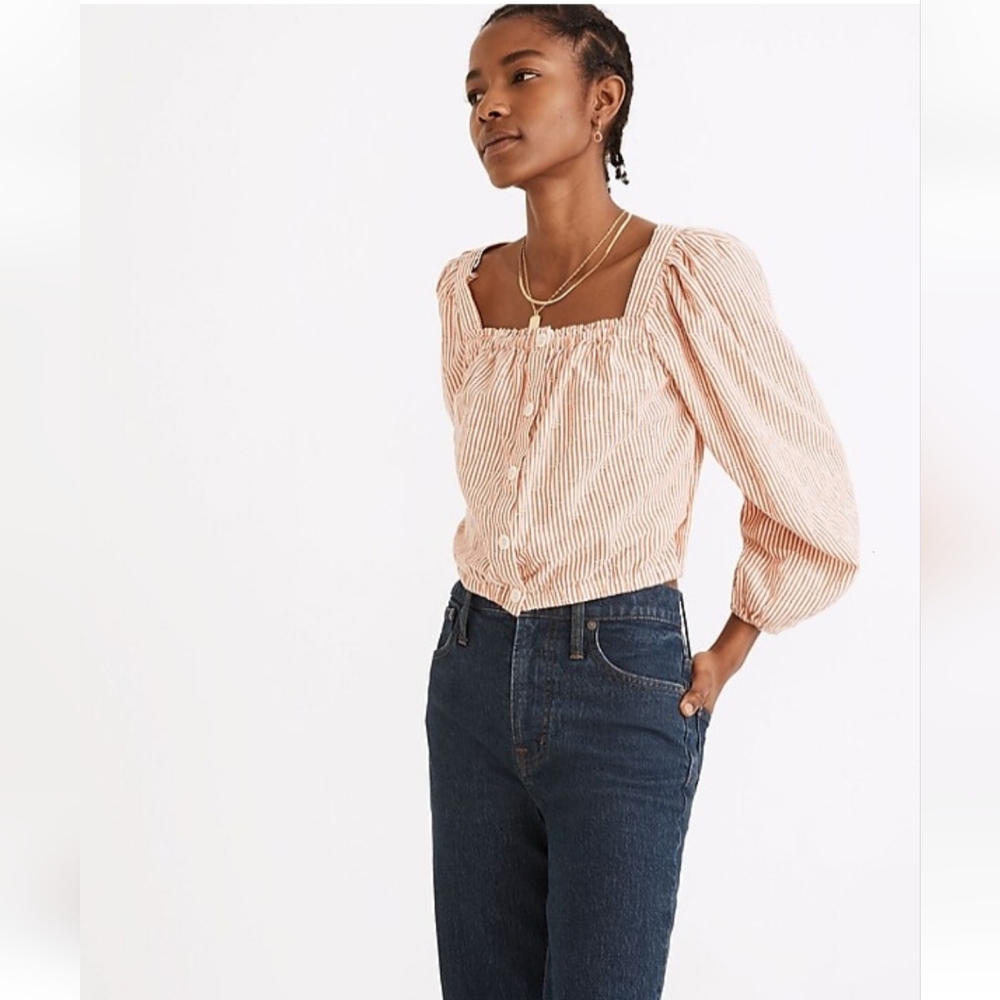Madewell boho striped long puff sleeve crop top rust white size medium